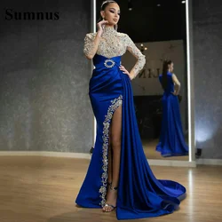 Sumnus Luxury Royal Blue Prom Dresses Beading Crystal High Neck Long Sleeve Mermaid Evening Gowns Side Split Party Dress