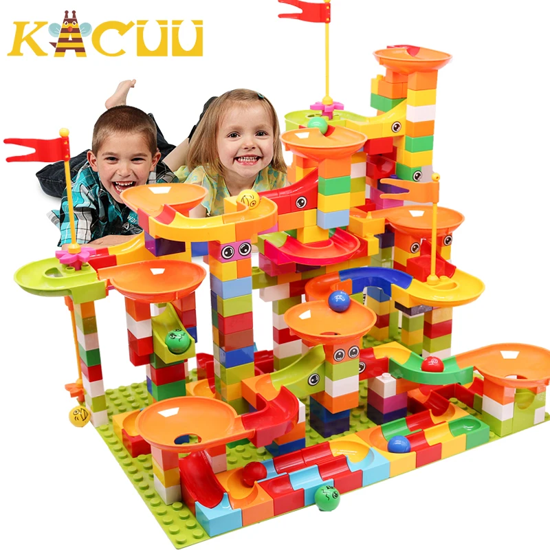 74-404PCS Marble Race Run Block Big Size Building Blocks Plastic Funnel Slide DIY Assembly Bricks Educational Toys For Children