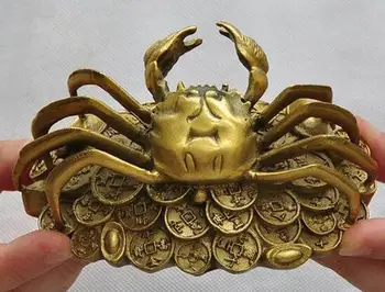 

Chinese Fengshui Brass Copper Handwork Carve Yuanbao Money Crab Crabs Statue