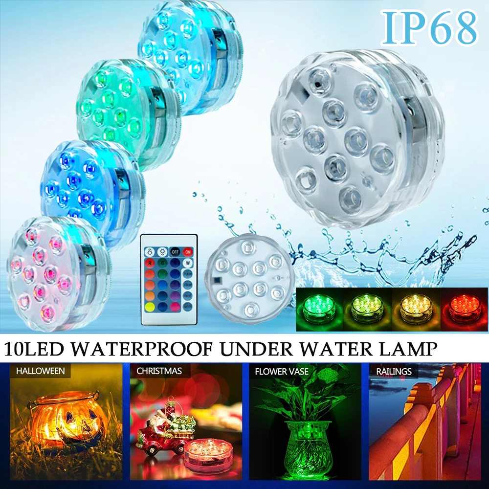 

10LEDs Underwater Light Remote Controlled RGB Submersible Light Battery Operated for Pond Outdoor Wedding Party Decoration D30