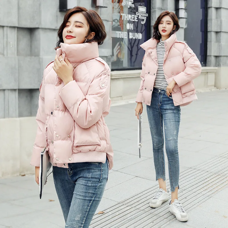 

Fold-down Collar Solid Color Elegant Casual Long Sleeve Short Cotton-padded Clothes/Cotton Coat 2018 Autumn Trend Simple Cool