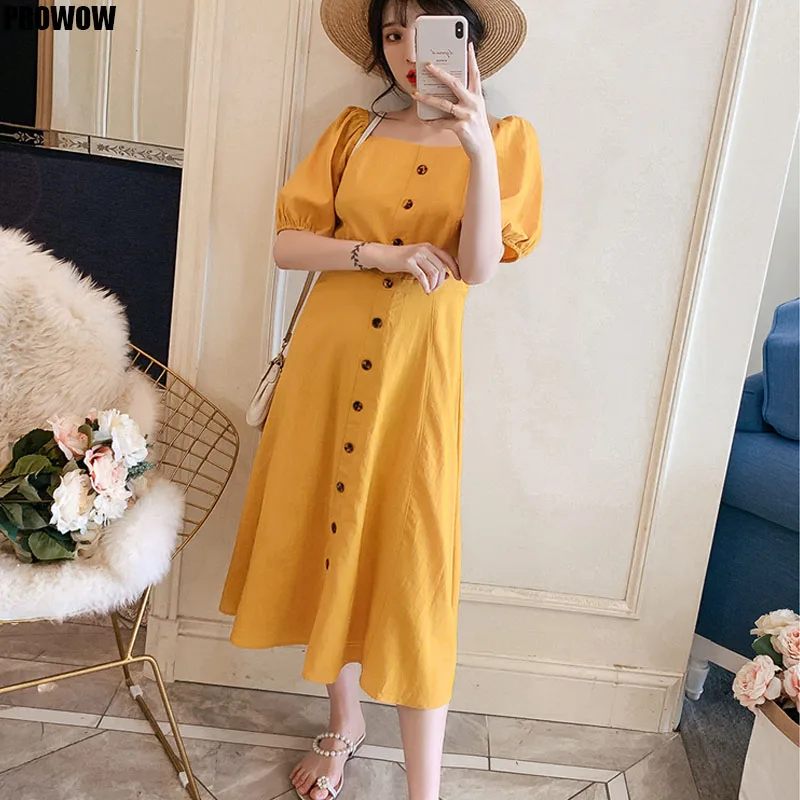 Chic Retro Women Puff Sleeve Dress 2020 Summer Fashion Square Collar Button Front  High Waist Dress Korean Ladies Dress Vestidos