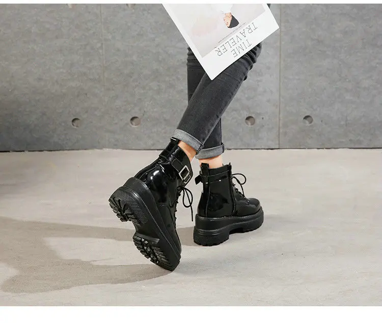 Г. Женские ботинки короткие ботинки в британском стиле на толстой подошве мотоциклетные ботинки на шнуровке ботинки martin из лакированной кожи с бархатом