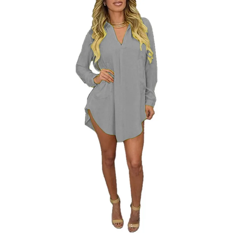 gray2 Женские свободные однотонные платья с отложным воротником, повседневные женские офисные платья-рубашки на пуговицах, летние весенние платья с длинным рукавом Vestidos - Цвет: gray2