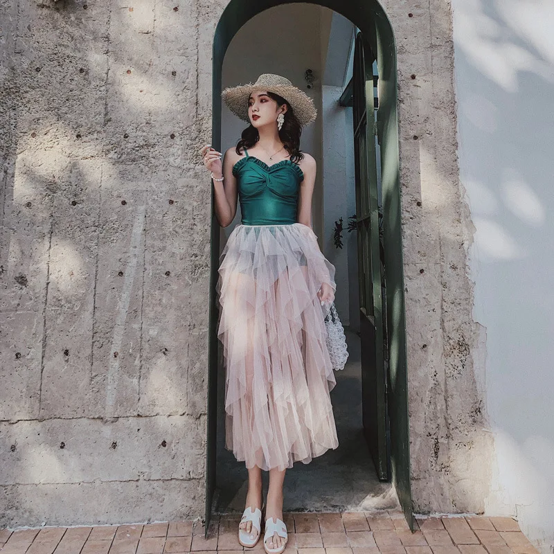 

INS Retro 2019 New Style Bubble Hot Spring Conservative Small Bust Belly Covering Slimming Graceful Long Skirts Three-piece Set