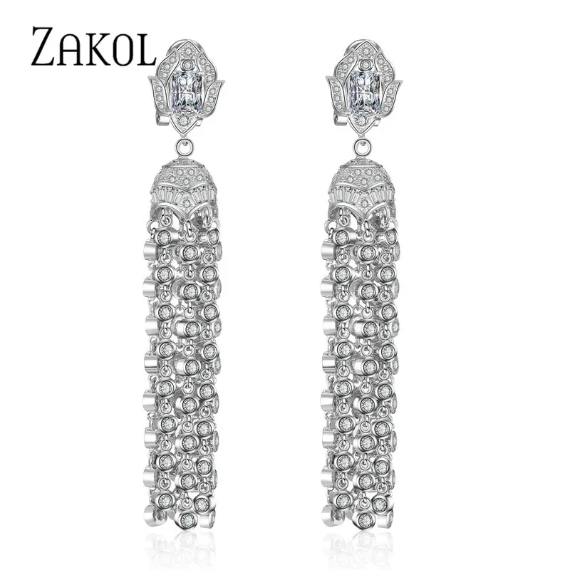 Элегантные длинные висячие серьги ZAKOL для свадебной вечеринки, высококачественные прозрачные Винтажные серьги-кисточки с кубическим цирконием FSEP522