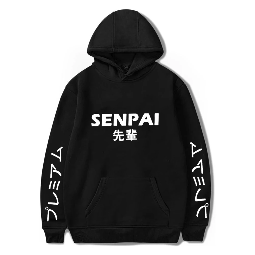 Новинка; Зимние флисовые детские толстовки с принтом аниме «Senpai»; уличная одежда для мальчиков и девочек; забавная черная толстовка с капюшоном; зимняя одежда для малышей