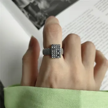 

RUIYI Real 925 Sterling Silver Personality Chic Rings Vintage Distress Black Zircon Setting Women Minimalist Niche Opening Rings