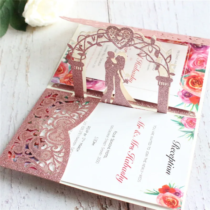 Блестящие золотые всплывающие приглашения для свадьбы в деревенском стиле открытки для девичника персонализированные приглашения