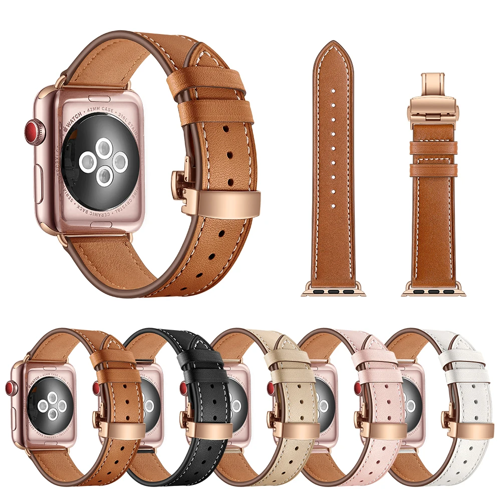 Ремешок с застежкой-бабочкой, кожаный ремешок для Apple Watch 4, 5, 44 мм, 40 мм, 42 мм, 38 мм, ремешок для часов iWatch Series 3, 2, ремень для браслета