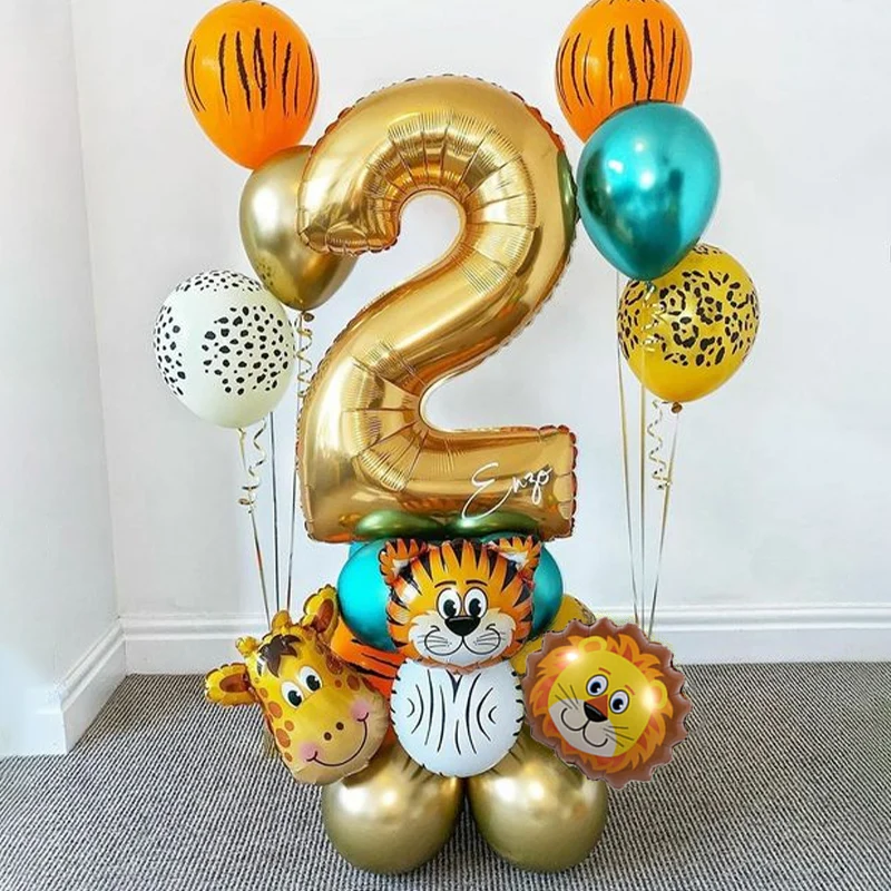 1Set Di Palloncini Con Numero D'Oro Animale Set Safari Lion Tiger Balloons Kids Birthday Party Globos Balls For Jungle Party Decoration