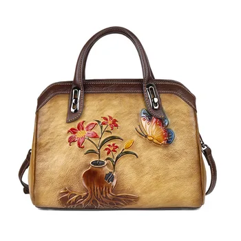 

2020 new women's shoulder bag first layer cowhide flower embossed ladies handbag retro square messenger bag leather women bag