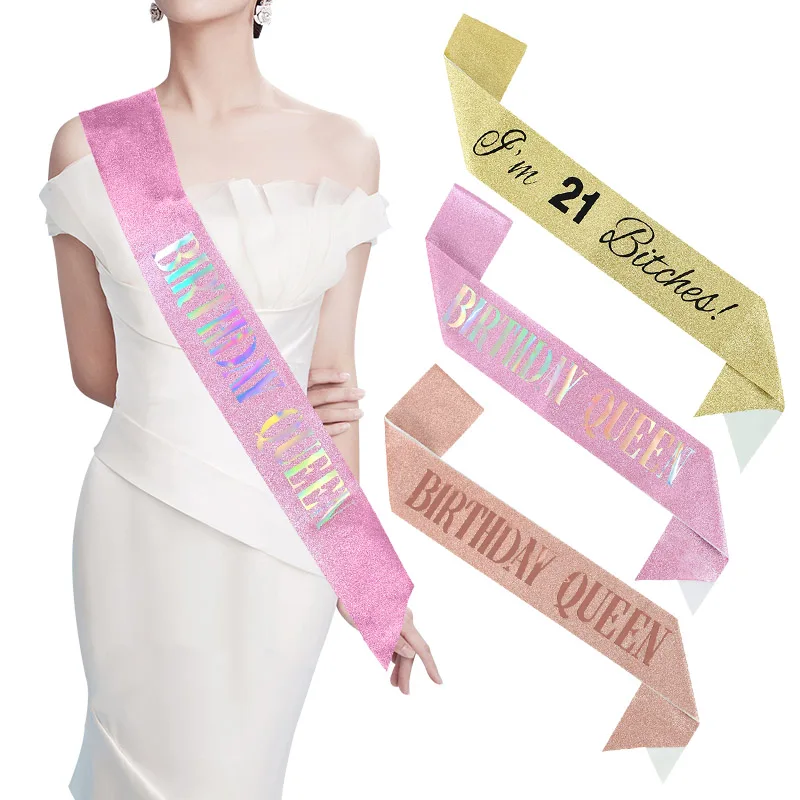 Gold Silver Glitter Birthday Sash Rhinestone Tiara 18th Crystal Crown Birthday Queen Satin Ribbon Sash For Birthday Party Decor