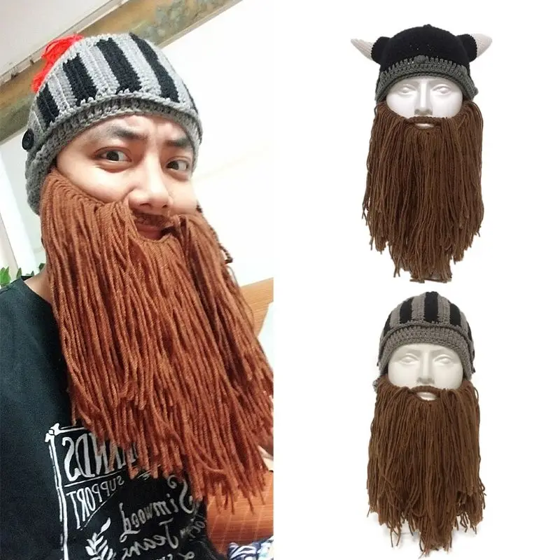 Viking/рыцарский шлем шапочка шапки Косплей Карнавальный Костюм вязаный теплый мужской большой борода шляпа