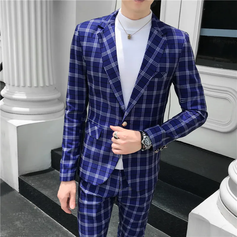 2019 autumn   men's plaid classic  suit 2-piece set (blazer + suit pants) men's fashion single button business casual plaid suit