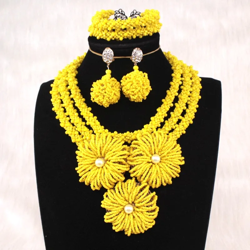 4 UJewelry, желтый Африканский бисер, ювелирный набор, цветы, 3 слоя, индийский свадебный ювелирный набор для женщин, вечерние,, 3 штуки, ювелирное изделие