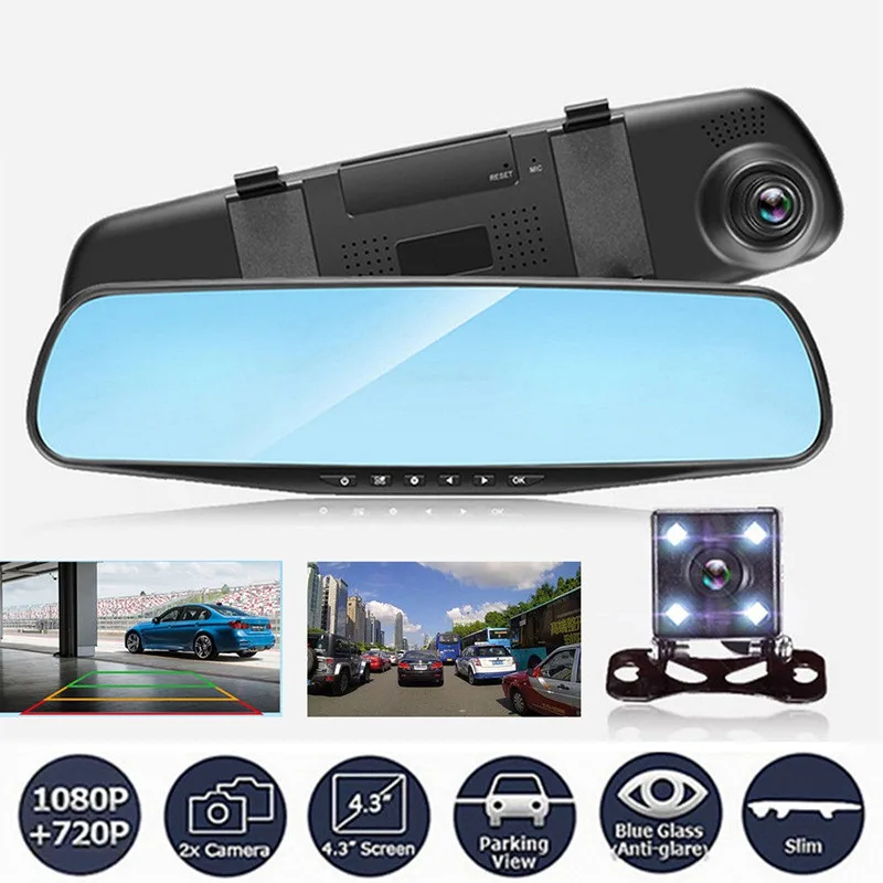 ONEWELL HD 1080P Автомобильный видеорегистратор Камера авто 4,3 дюймов зеркало заднего вида цифровой видеорегистратор двойной объектив регистрационная видеокамера