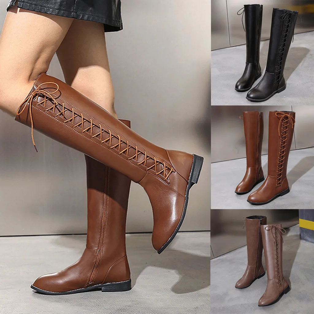 

Women Boots Fashion Leather Zipper Square Heel High Boots Knee-High Round Toe Cross Strap Boots Female Shoes Plus Size M50#