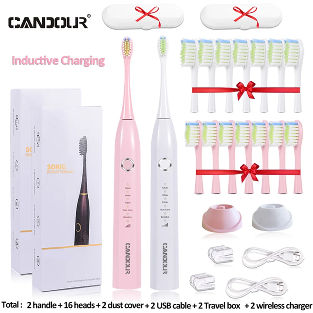 Cantour-USB 충전 충전식 음파 전동 칫솔 CD5166, 성인용 교체 브러시 헤드 16 개