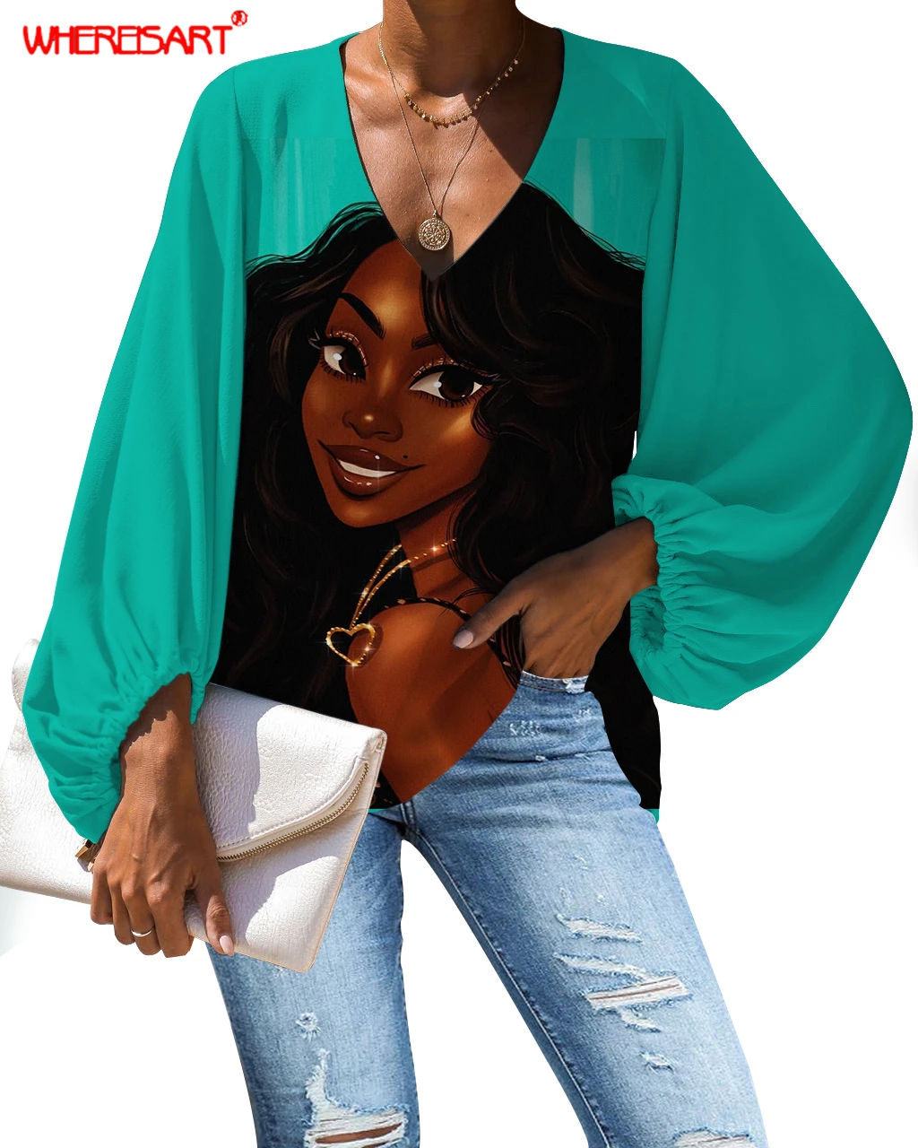 

WHEREISART Blouse Women Melanin Poppin Pattern Womens Tops and Blouses 2020 Plus Size Sexy V neck Shirts Female Clothes 2020