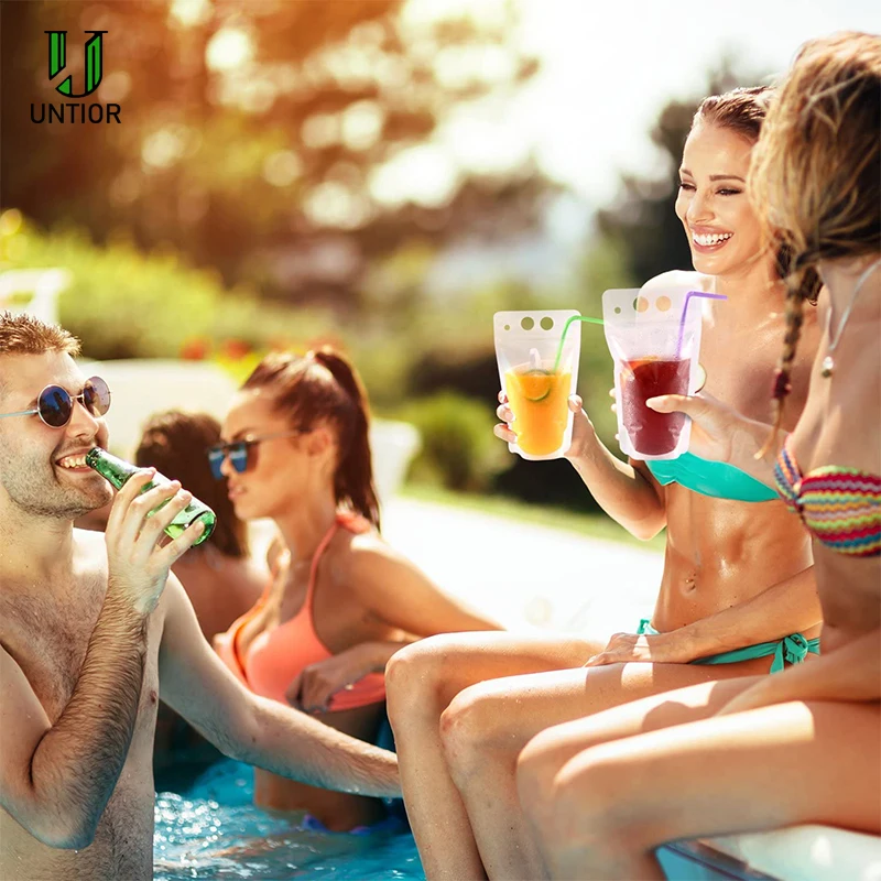 Unior-매직 드링크 파우치 빨대 포함, 다시 봉합 가능한 아이스 드링크 파우치, 스무디 백, 빨대 포함, 재사용 가능, 주스 파우치