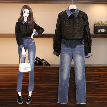 

HAMALIEL Spring Women 2 Piece Set New 2020 Plus Size Tassel Chiffon Patchwork Jean Shirt Tops + Denim Elastic Waist Pants Set