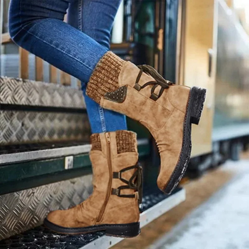 Puimentiua Winter Shoes Women Boots Basic Mid-Calf Boots Round Toe Zip Platform Decor Female Shoes Warm Lace Up Boots Shoes