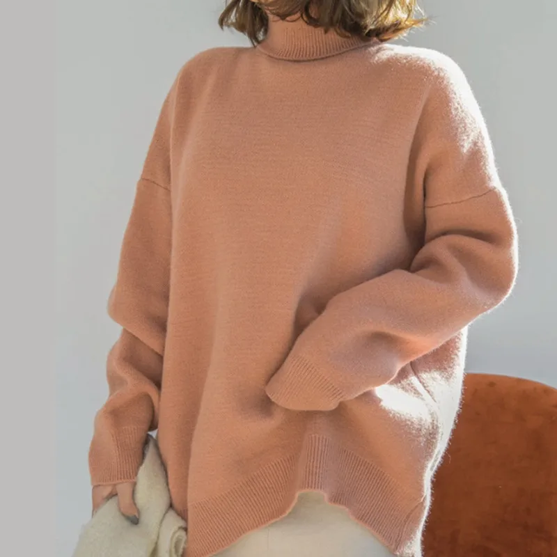 Pink sweater women RICININA, водолазка, свитер для женщин, зимний джемпер, длинный рукав, однотонный, на каждый день, топы, свитера для женщин, вязанные пуловеры, весна - Цвет: Pink sweater women