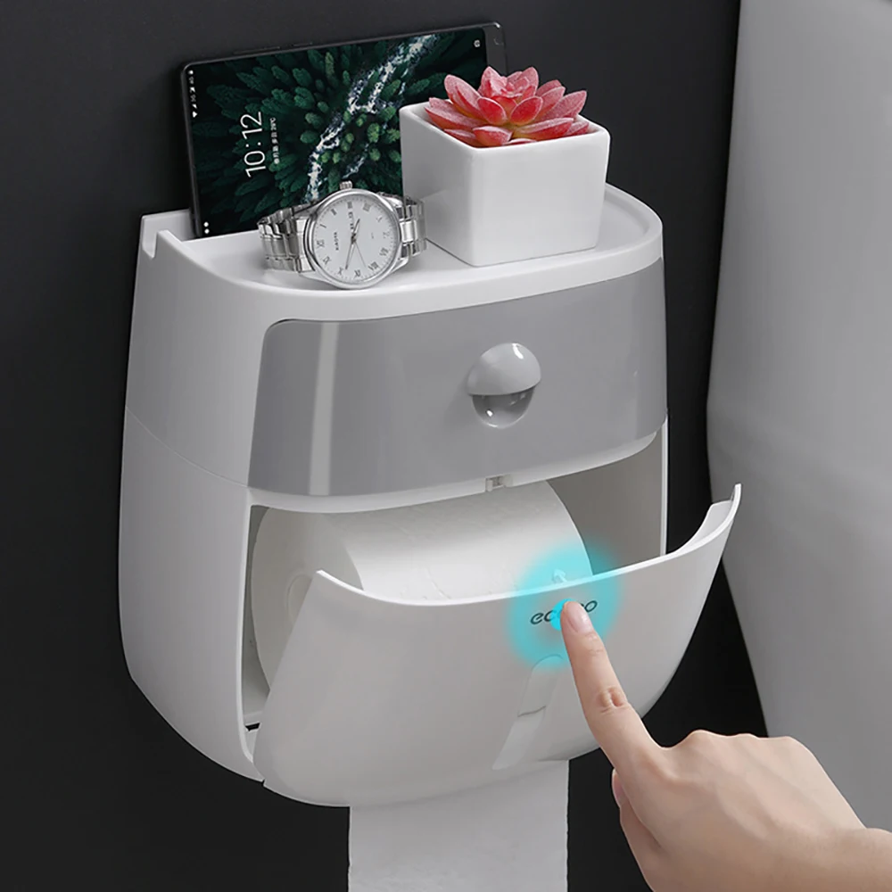 

Double-layer Tissue Storage Box Toilet Paper Holder Shelf Tube Storage Box Creative Tray Bathroom Kitchen Waterproof Wall Mount
