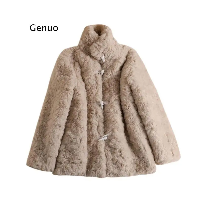 

Harajuku Winter Jacket New Lamb Velvet Faux Fur Coat Women's Mid-length Horn Buckle Imitation Rex Rabbit Fur Overcoat y205