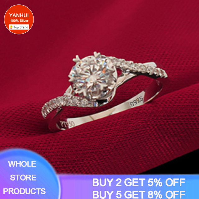 Luxury 18K White Gold Color Rings For Women Round Cut Zirconia Diamond Tibetan Silver 925 Ring Engagement Wedding Bands