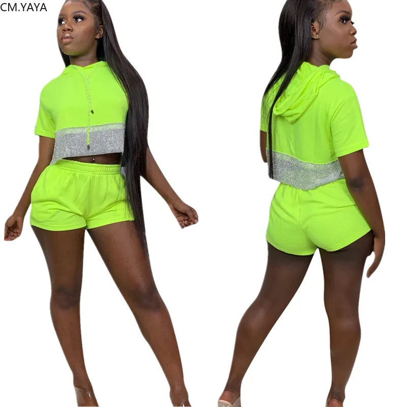 

2019 Women new hooded neon green sequins splicing trench top shorts suit two piece set fashion sporting tracksuit outfit GLH8880