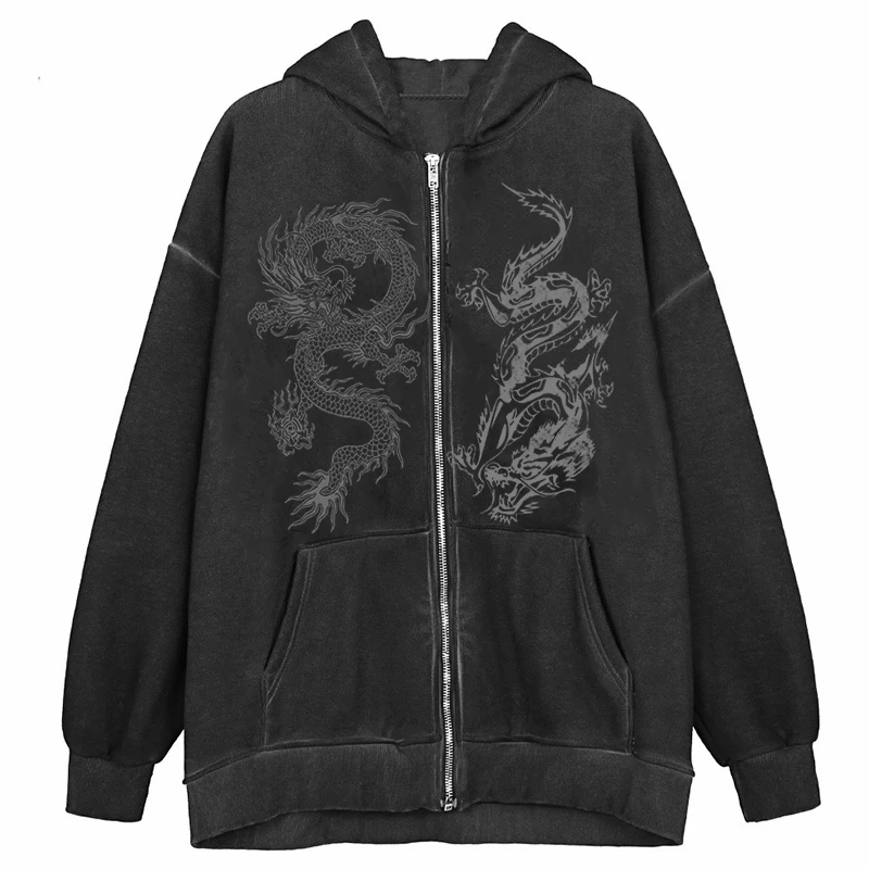 dragon Rhinestone Y2K top Women Long Sleeve Sweatshirt Hoodis Zip up Loose Oversized Streetwear fairy Grunge clothes 2021 Winte | Женская