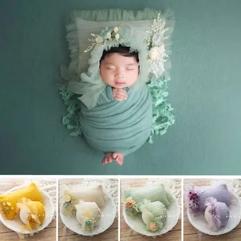 

Newborn Photography Props Headbands Knitted Lace Flower Hat Pillow Set Baby Girl Photo Props Fotografie Accessoire Photo Bebe