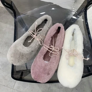 

Mao Mao shoes women wear new ribbon ballet one pedal flat cotton shoes and cashmere sheep fur one soybean shoes in winter