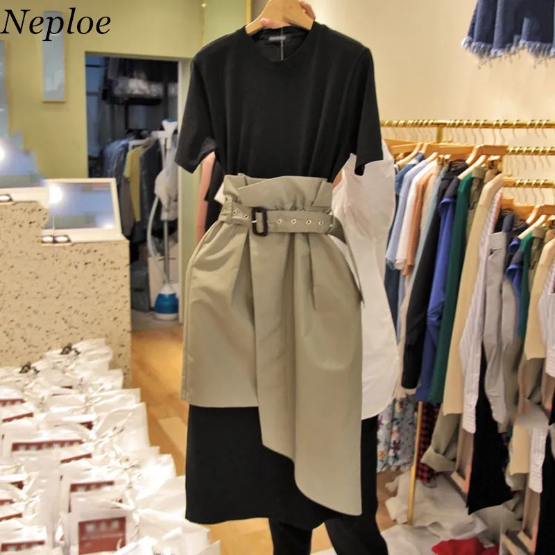 Neploe/корейские женские платья из двух частей с коротким рукавом в стиле пэчворк, новое модное платье с круглым вырезом, летнее платье нового дизайна 68404