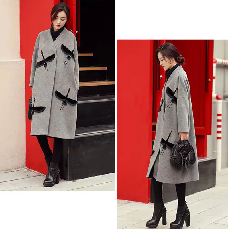 Autumn Winter Woman Coats Fashion Trench coat Embroidered V-neck Gray wool coat Women Long Coat Korean Feminine Tops mujer