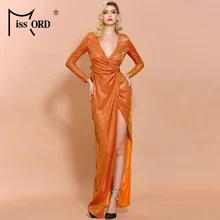 Missord осеннее и зимнее женское сексуальное платье с глубоким v-образным вырезом и длинным рукавом, блестящее женское платье с высоким разрезом, длинное платье FT19497