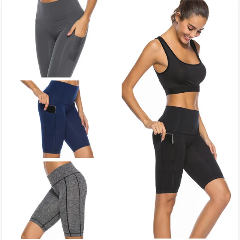 

2019 Fitness Shorts Women Five-point Stitching Side Pocket Leggings Yoga Shorts Sport Shorts For Women High Waist Workout Shorts