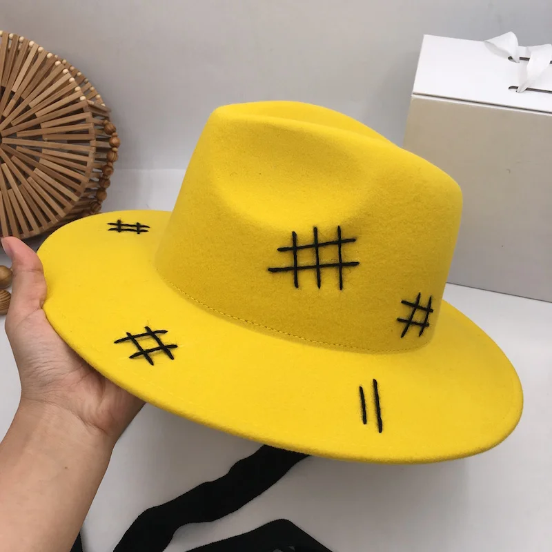 Fashion Yellow Wool Felt Hat Wide Brim Casual Black Lace Up Autumn
