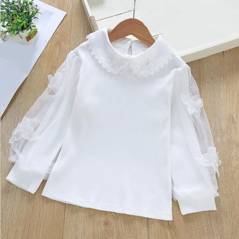 Kids Shirts Autumn Cotton Baby Toddler Teen Princess School Girls Blouse Lace Puff Long Sleeve