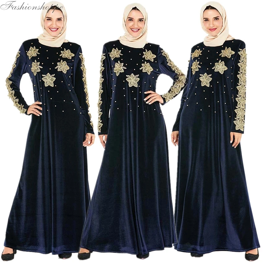 Осень Зима мусульманское женское бархатное платье с длинным рукавом абайя кафтан арабский халат макси платья мусульманская одежда винтажная размера плюс мода
