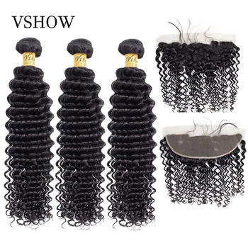 

VSHOW Brazilian Deep Wave Bundles With Frontal Natural Color Remy Human Hair 3/4 Bundles Sew In With Closure 13x4