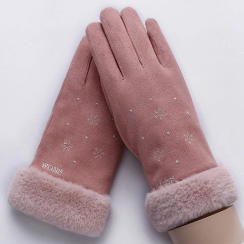081E-pink HanXi зимние замшевые перчатки для женщин бархат Сенсорный экран полный палец перчатки элегантные леди варежки спорт - Цвет: 081E-pink