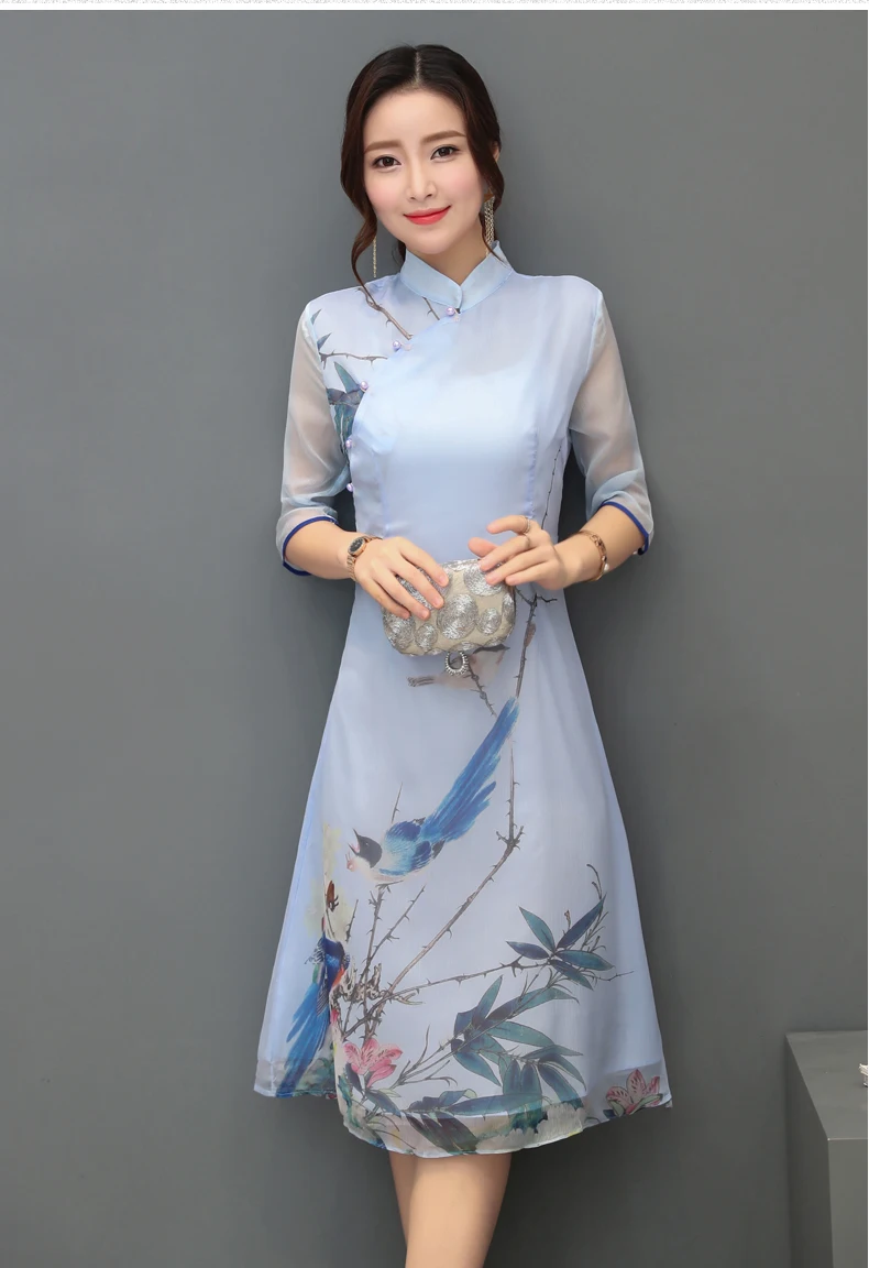 Летний Стиль китайский стиль имитация шелковой ткани средней длины Cheongsam шелк тутового шелкопряда Улучшенная художественная и художественная чайная серва