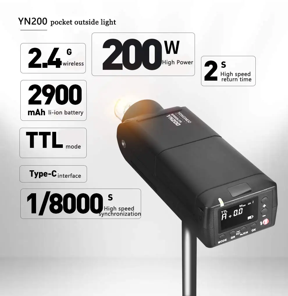 YONGNUO YN200 TTL HSS 2.4G 200W Lithium Battery with USB Type C, Compatible YN560-TX (II)/YN560-TX Pro/YN862 for Canon Nikon