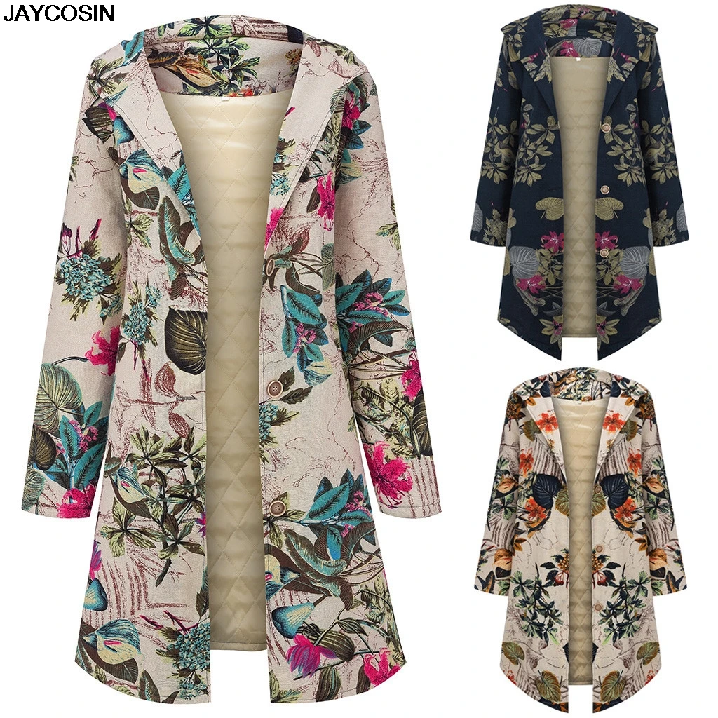 JAYCOSINjackets Новинка Горячая Распродажа весеннее женское винтажное пальто с капюшоном и длинным рукавом дамского размера плюс длинное пальто на пуговицах Повседневная одежда