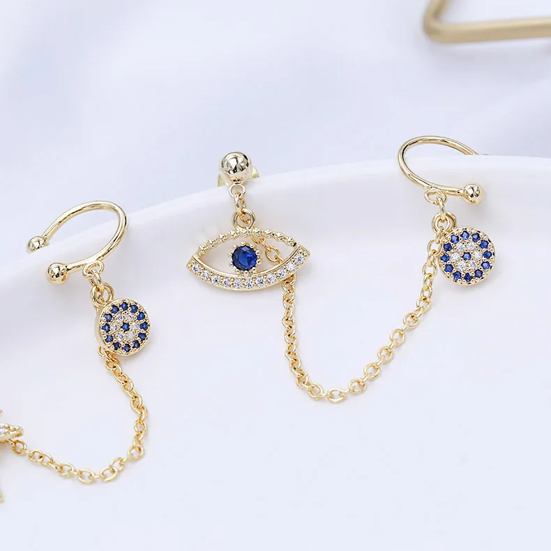 New Trend Cubic Zirconia Blue Eye And Star Asymmetric Earrings Luxury Brand Design Long Earrings For Women Fashion Jewelry