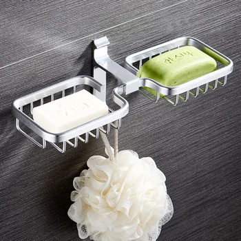 

Soap Dishes Drain Wall Mounted Soap Sponge Holder Space Aluminum Bathroom Kitchen Toilet Storage Rack Bathroom Organizer