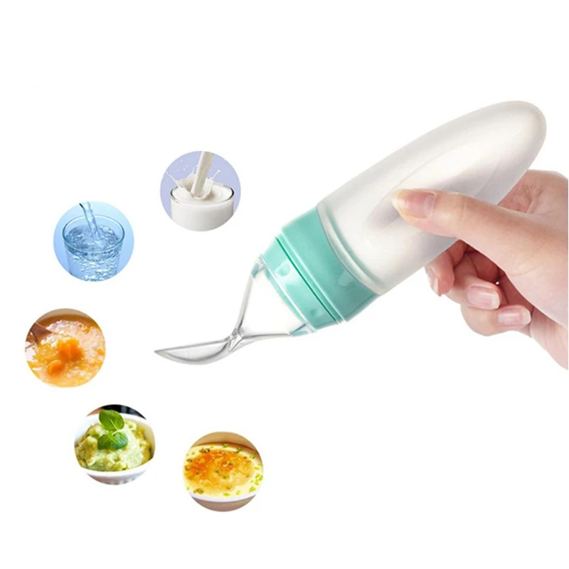 

90ML Silicone Baby Feeding Bottle with Tongue Pressing Type Lip Mouth Spoon Infant Training Milk Rice Paste Squeeze Feeder Tool